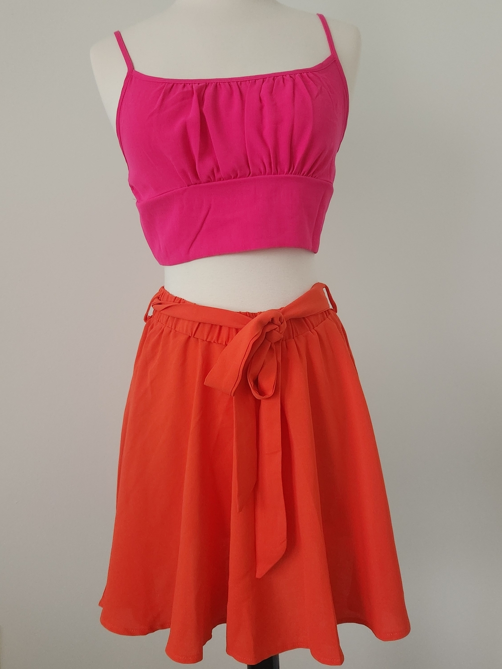 Bright Pink Crop Top & Orange Tie-Waist Skirt Set
